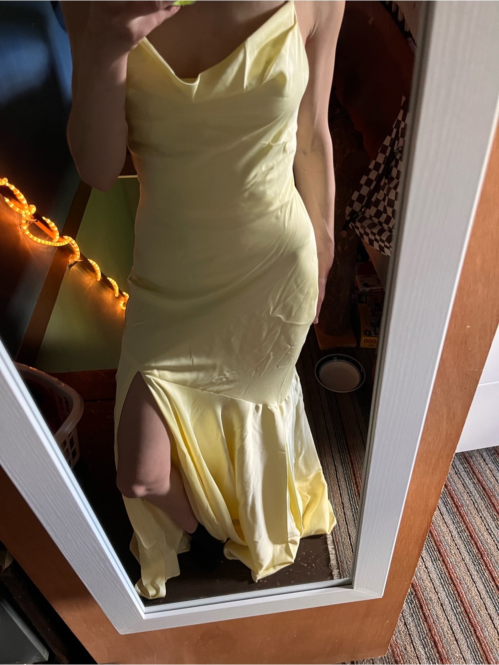 Elegant Yellow Satin Slip Maxi Dress with Side Slit